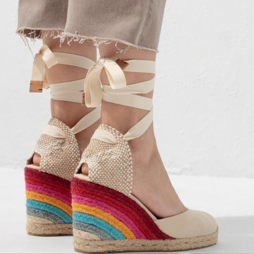 Castañer x Paul Smith Carina Multicolored Rainbow Lace Up Wedge Espadrilles